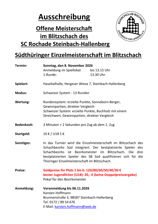 Ausschreibung Blitzschach Steinbach-Hallenberg 2026